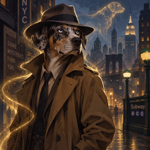 A catahula dog, in a private detective, trich coat and hat. New York City in background.