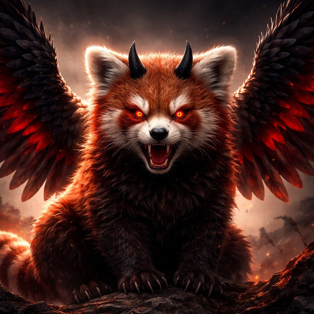 Red panda with devil horns and red eyes with red and black wings wi fangs