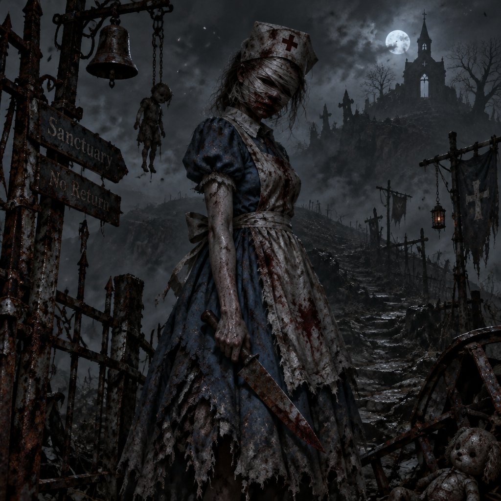 Silent hill with the nurse from the silent hill movie but in Alice’s dress from Alice in wonderland