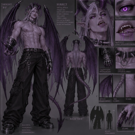 handsome and seductive. has a six pack is 8 feet tall eyes are purple and pupils are heart shaped His nipples are pierced Ears pierced and slightly pointed has clause They are purple is wearing baggy, black jeans, has scars all over his body is wearing iron gauntlets with pentagrams on them has purple saliva dripping from his mouth has sharp teeth has extremely dark purple demon, wings, demon horns and demon tail. His demon tail is 4 feet long. His demon horns are 8 inches long and his demon wings are 10 feet wide. He looks extremely slim and has a very pale purple color to his skin is wearing no shirt and has a spiky collar made out of titanium around his neck. he has long hair.
