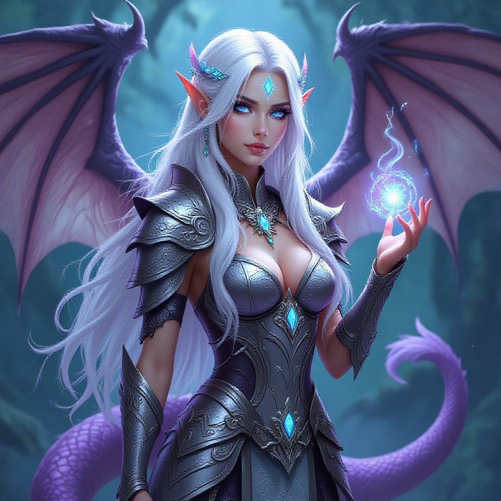 Winged naga with long white hair and bright blue eyes her tail is light purple