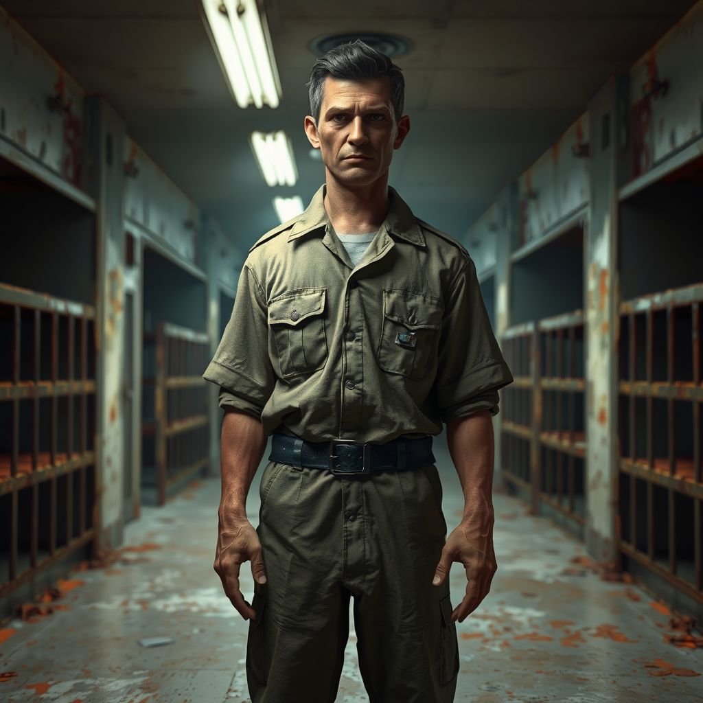 Create this background hall inside was dim, paint peeling in sheets. A metal door led to the cell block. Six cells, all empty. A cracked toilet in each. Rusty bunks, stale air, dust everywhere. No character just background