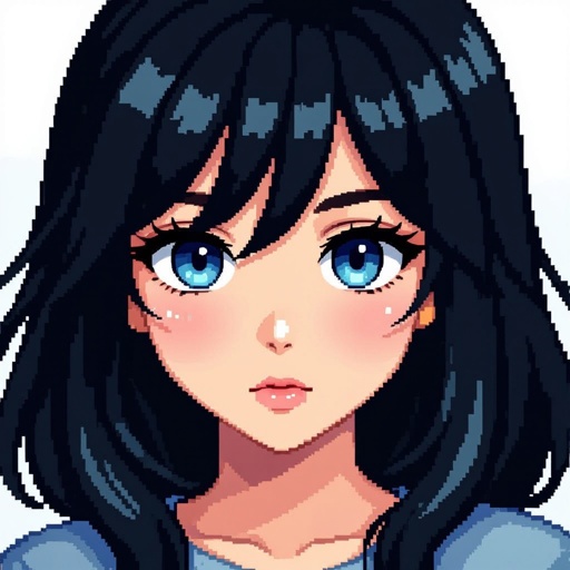 A girl with black hair, no bangs blue grey eyes alt
