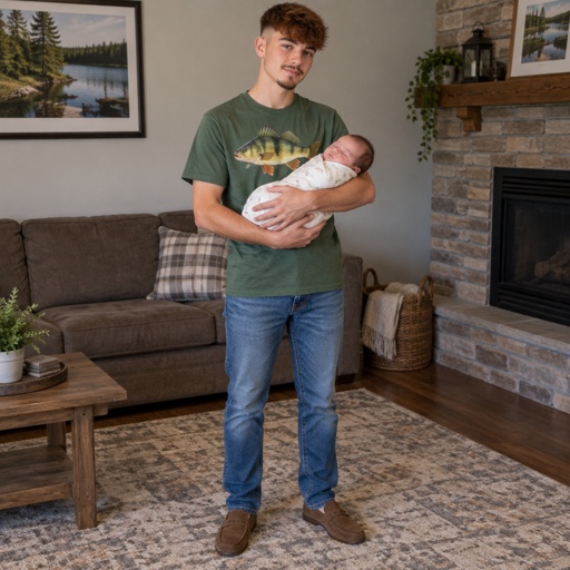Teen Boy, Red Brown Angular Fringe High Fade Hair, Pencil Mustache, Goatee Beard, Perch Fish Printed Green Shirt, Jeans, Suede Loafers Shoes & Baby Cuddle