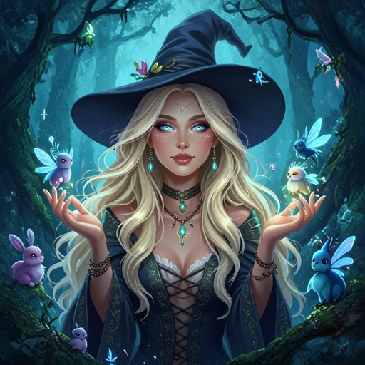 witch with shimmering long blonde hair and skin and small creatures all around her 