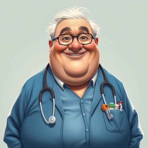 .. create a fat doctor. Who is funny human looking from head to toe. And he always immediately results to surgery for anything even small things. So please be sure to show his whole outfit head to toe. Make him have 1 tooth. Make it more adult humor instead of cartoon humor.