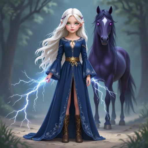 A small Elvin princes. She is age 10 and she is 4’ She has extra long hair flowing down her back to the ground. Her hair is platinum blonde. She has green eyes. her dress is a dark blue. It has a small key hold on her chess it is bell sleeves cuffing around her wrists. I has gold accents on the dress. her dress has layers it has 1 slit in the front of the dress. her dress is princess style She has small boots on that match her dress. Behind her is a giant shadow horse with purple glowing eyes. It is standing protectively around her. The horse is taller than her. She is casting chain lightning at someone in the distance.