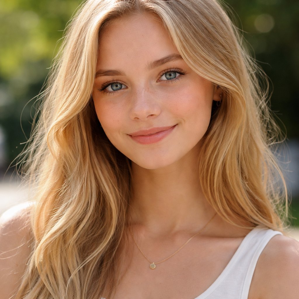 An 18 year old girl who has light blonde hair and blue eyes. She has a warm smile.