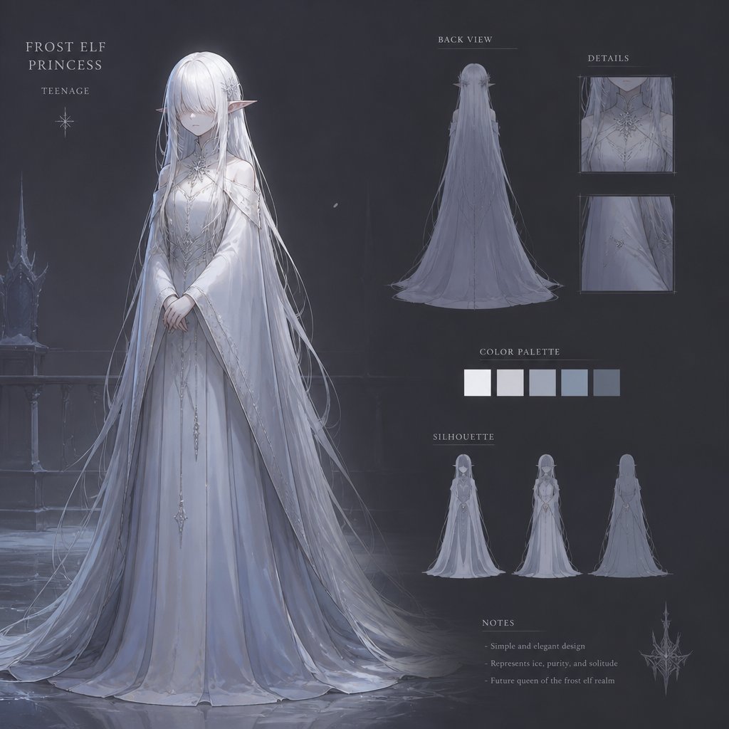 White hair with long hair covering her eyes teenage frost elf princess wearing long with hood down dress