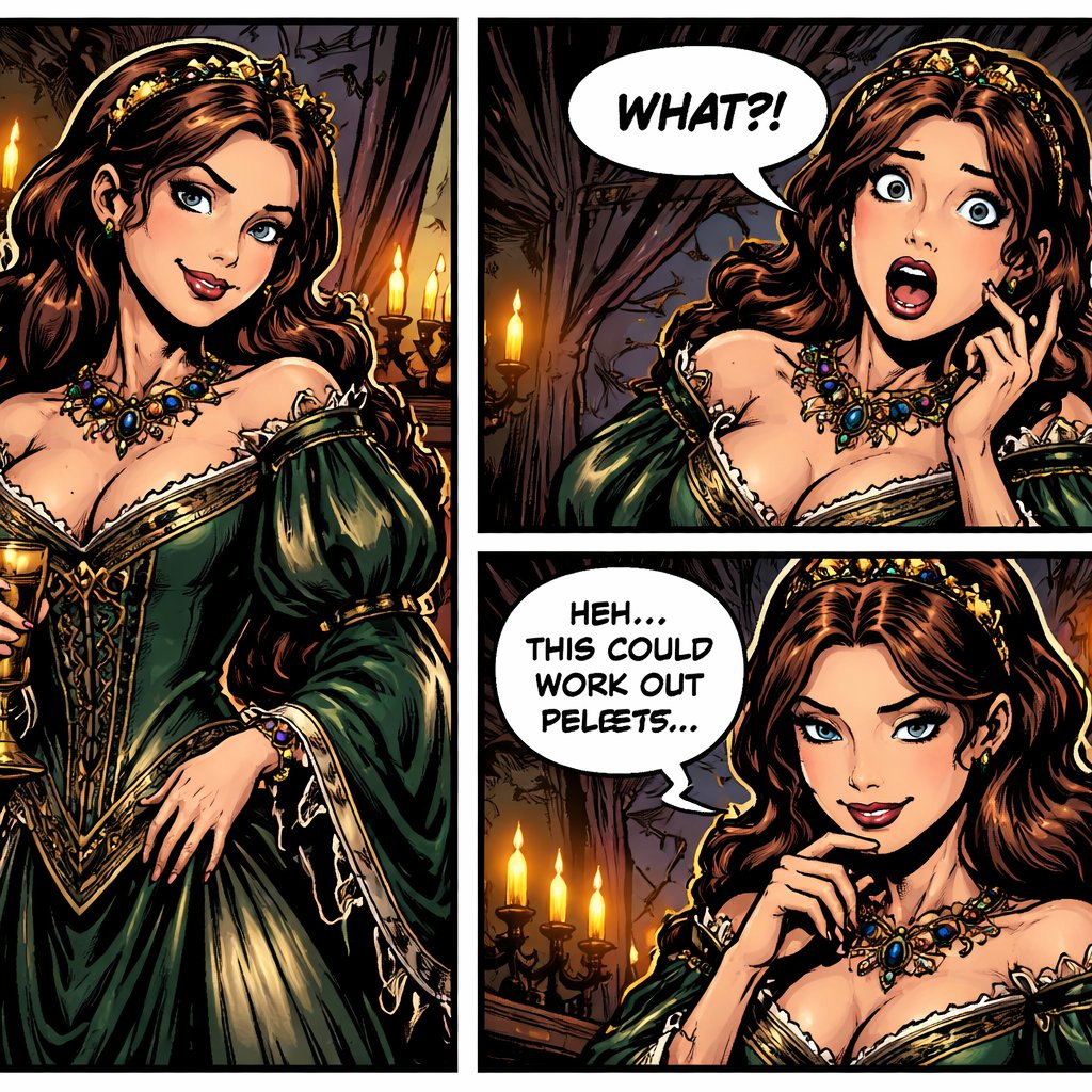 Realistic style, no dots. Three panels are very sly, attractive, mediaeval noble woman with small eyes, the same young woman with a horrified expression on her face and the third panel the same woman with a sly smile