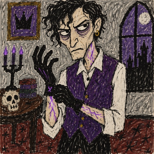 Male, slim, slight eye bags, black messy wavy hair, back hair, brushed side hair, strands of hair in the middle of forehead, ear piercing ring, gloves, purple glowing veins, purple vest, white shirt, no facial hair, bad guy, mid 40s