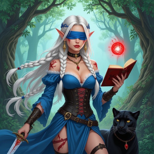 She is an elf. She has long platinum blonde hair. Her hair has to small Dutch braids in the front of her head. The rest of her hair is cascading down her back. She has gold dangling earrings in her ears. She has a blue blindfold covering her eyes. She has scars along her face and chest. She has the same blue color of the blindfold as the color of her dress. Her dress has a black corset with two leg slits. Her sleeves of the dress are also the same blue and they are flowing down her arms. She has arm cuffs on both arms and she has a knife strapped to her left leg. The knife strapped to her leg has a blood red gem on the hilt. She has a large panther walking beside her. In her left hand she is casting a small glowing red orb and in her right she is holding a closed spell book. The spell book is red with black writing as well as black binding She has black boots on her feet. She is standing in the woods. The trees making an arch behind her. She had a black necklace with a blood red gem 