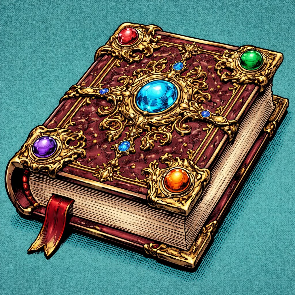 A large book with a highly ornate refined leather cover, cover with jewels and gold and filigree no background no speech balloons. The book is at three-quarter of view so we can see it’s thickness as well no hands covering the book.