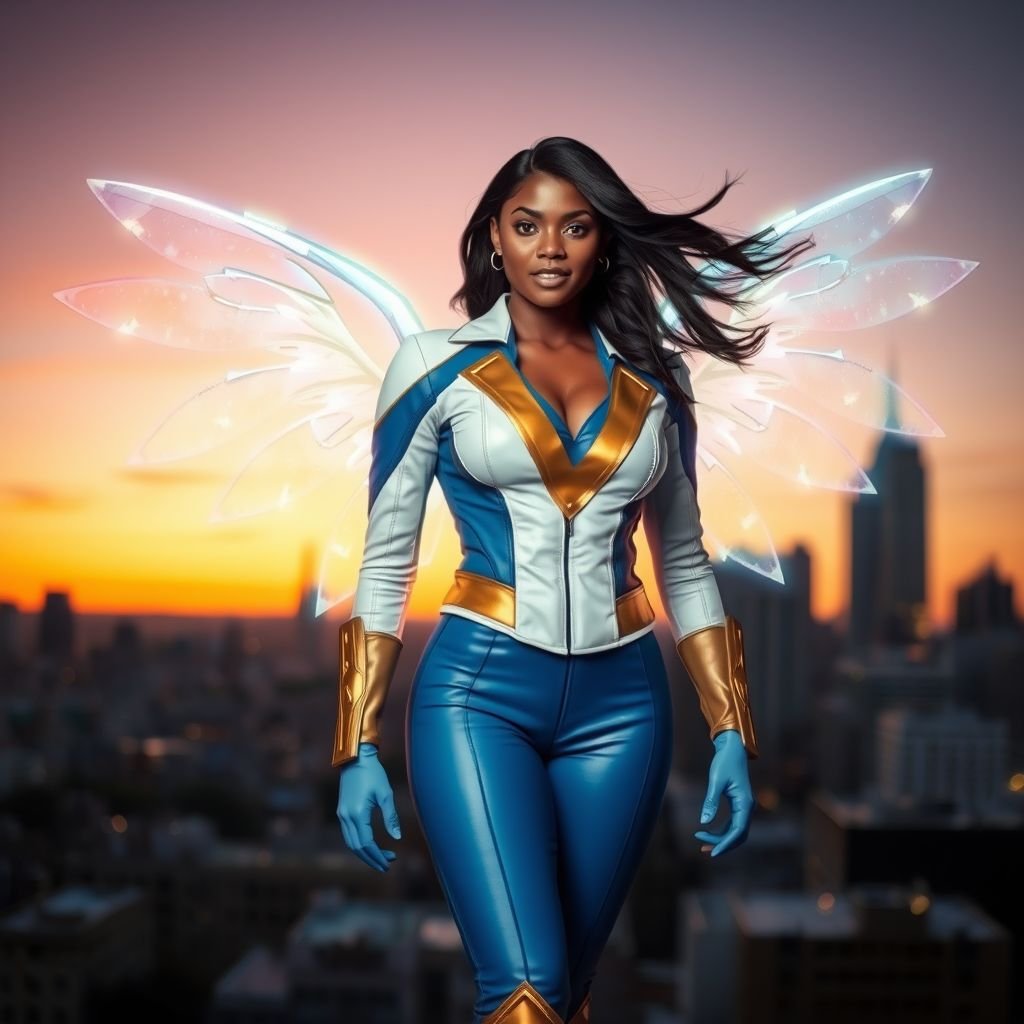 African American female superhero with shoulder length hair in a side part style and holographic wings wearing a homemade leather white and blue suit with gold accents and blue pants with a stylized V as her chest emblem wearing gold flat boots made of gold fire standing in Philadelphia at dusk