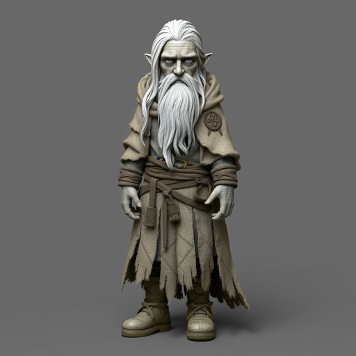Create old character: The Silver-Eyed Wanderer – A tall, long beard hooded androgynous figure with hair that white. piercing silver eyes seem to see both past and present at once. a long, tattered cloak covered in stitched symbols from lands unknown. Show her whole body head to toe including her shoes.
