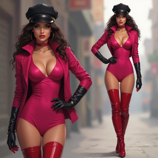 Dark Brown Frizzy Haired Spy Thief in a Tight Hot Pink Bodysuit Dark Red Thigh High Pump Boots. Black Biker Gloves. Black and Red Newsboy Cap. Matching Red open Vest to her boots