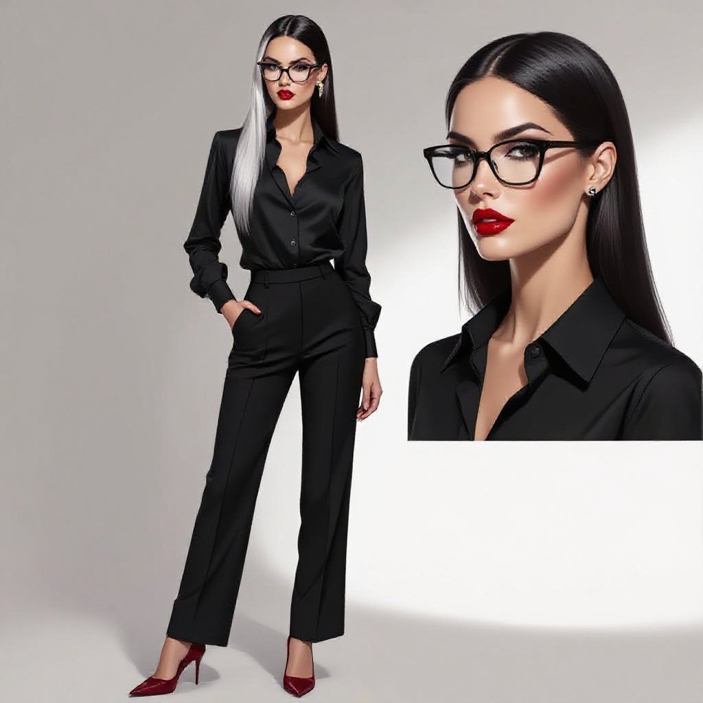 Pale-skinned woman, age 42, with long straight black hair streaked subtly with silver. Sharp, dark eyes and defined features. Wears deep red lipstick. Outfit is tailored black trousers, a black silk long-sleeve button-up shirt, and deep red kitten heels. Sophisticated, gothic, dark-academia energy. Optional thin rectangular glasses. Overall vibe: elegant, intimidating, intellectual — like someone who sips red wine by a massive Victorian fireplace while reading classics in a silk robe.