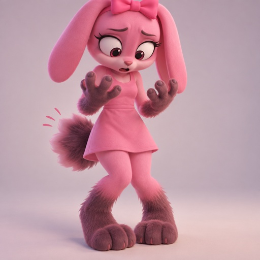 Pinki from Sprunki as her kind wererabbit self realising that her fur is getting darker and fluffier with her hands and feet turning more paw like with her noticing that her tail is entering the second stage of her transformation into a wererabbit 