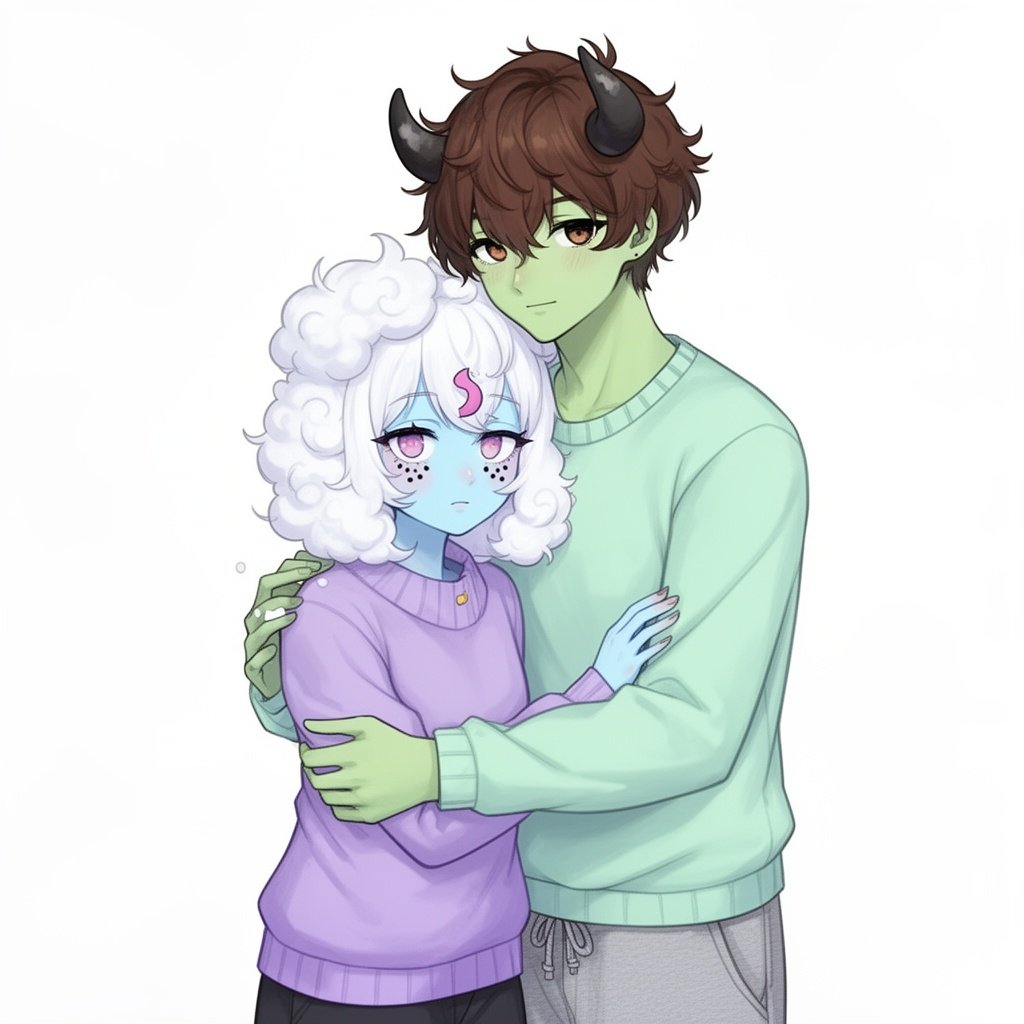 The girl has pastel blue skin and white cloud like hair lavender purple blush pink volitgo on her left eye and two small black freackles on both of her cheeks SHES wearing a lavender purple sweater and SHES hugging a boy with cow horns HES got chocolate brown hair with the same color eyes and light moss green skin with his mint green sweater HES taller than her with grey sweat pants 