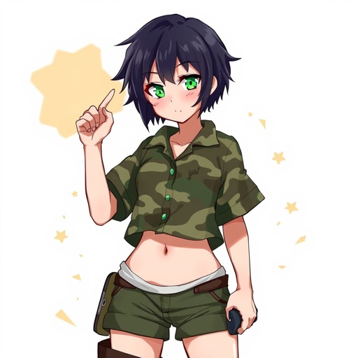 Short black hair. Jade green eyes. A camouflage shirt. Tomboyish. 13 years old