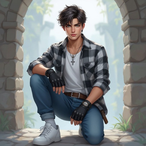 A 20 year old guy with grey eyes, short dark brown hair styled in a loose undercut modern curtain, wearing white airforce shoes, white socks, a white under shirt with a grey, black, and white plaid shirt with blue jeans, hands are black open fingered gloves, cross necklace