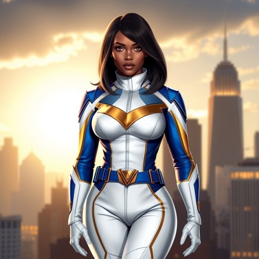 African American female superhero with hair  in a shoulder length side part hairstyle with pure Gold Glowing eyes wearing a white suit with gold and royal blue  with white pants and gold and white knee length boots with a utility belt with a gold V  as her chest emblem in Philadelphia 