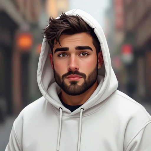 Mężczyzna o krótkich, ciemnobrązowych, włosach. z krótkim zarostem.  ciemne oczy. Ubrany w białą bluzę z kapturem. Wąskie usta, Gęste brwi. Bez kolczyków. Pulchny.