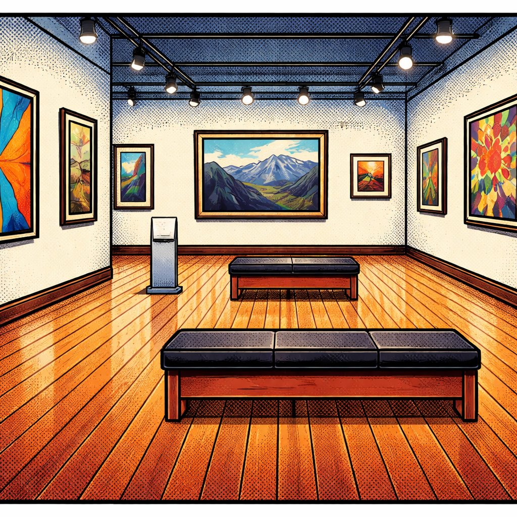 Asymmetric Realistic, no speech bubbles, no caricatures no people Background of an old art gallery floor space