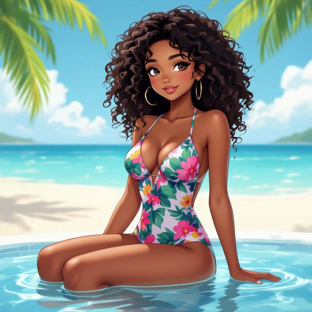 Beautiful girl in swim suit brown skin, curly black hair, full body pic