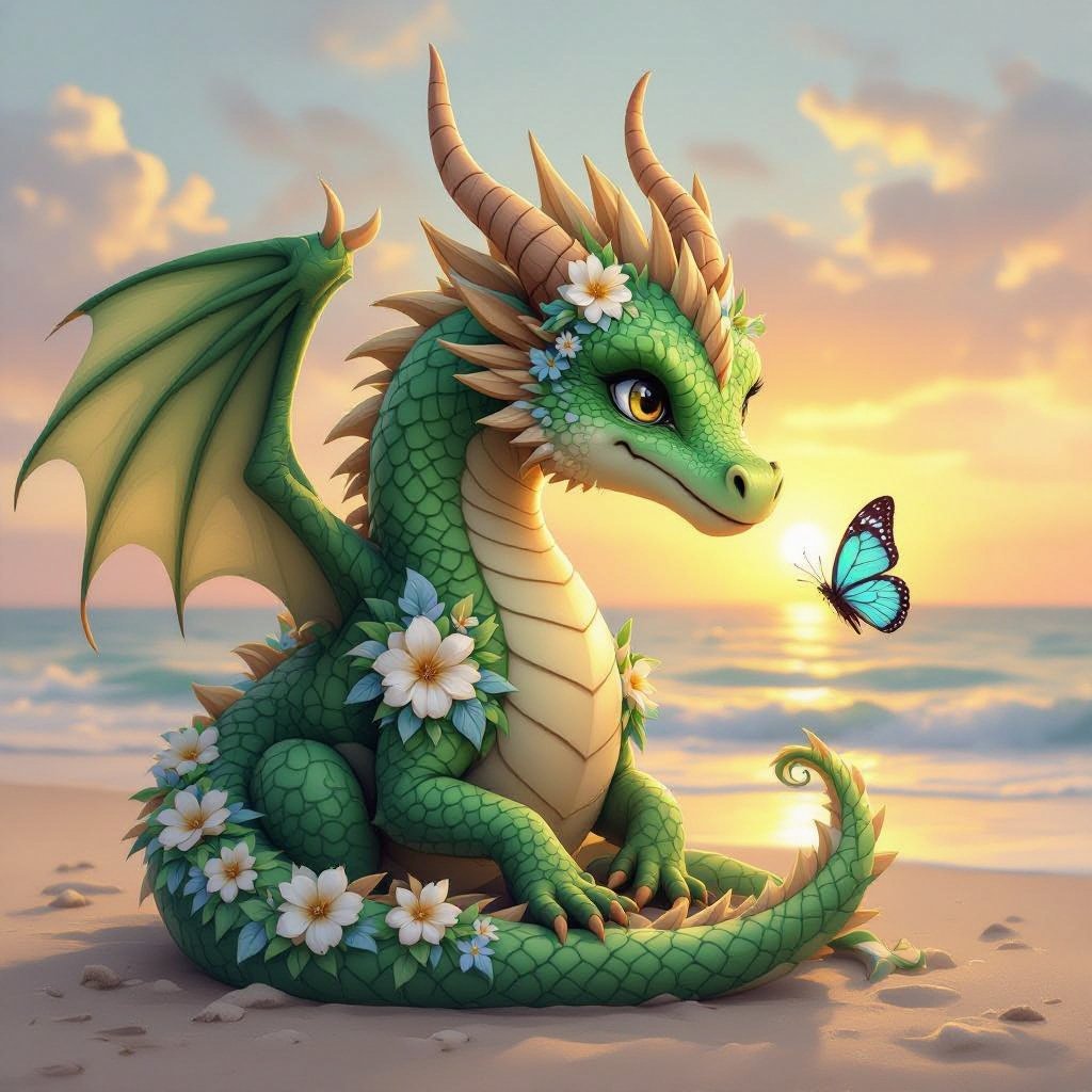 Make a sage green dragon with cream coloured spikes on its back and fancy patterned wings with sage green and cream flowers coming out of its mouth. Hugging a baby blue butterfly on a beach with a pastel sunset 