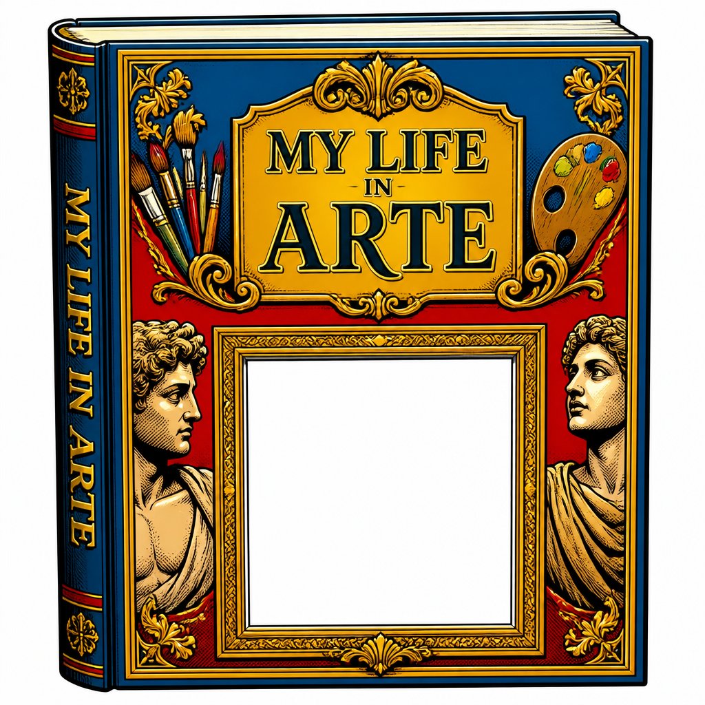 Highly realistic, vivid colours no speech bubbles an ornate book with the title my life in ARTE and a white framed space below for a photograph. all the edges of the book must be shown.