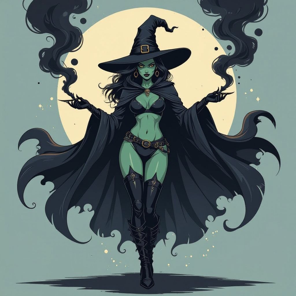 sexy shadow demon witch gypsy slate grey skin large black billowing cloak that emits darkness and shadow smoke. Two piece. Witches Hat.  Wields Black Evil Shadow Smoke Daggers