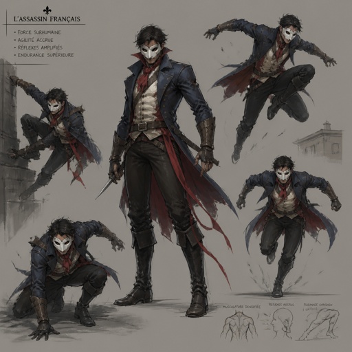 Male assassin, French, mask, enhanced physical abilities, multiple of the same character 