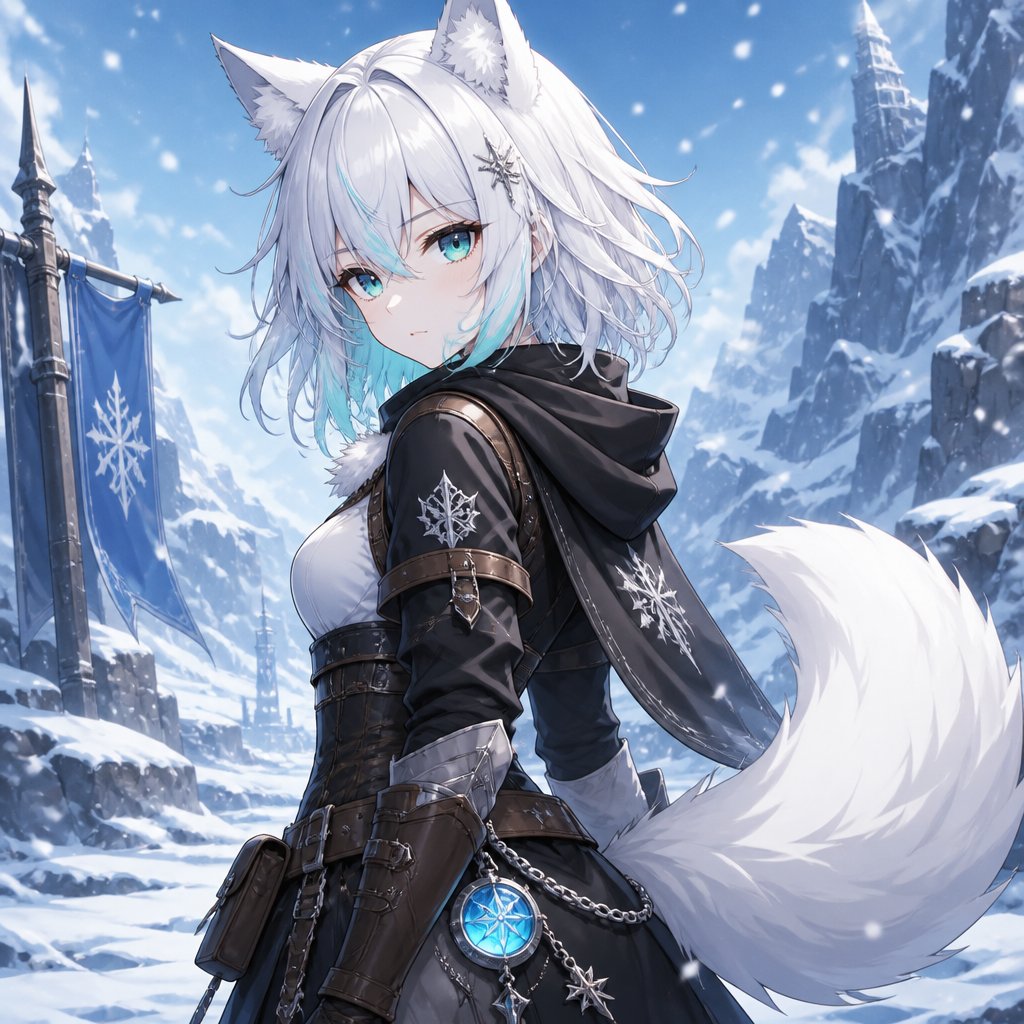 Young pale female named ‘Victoria’. She has pure white hair that goes down slightly below her shoulders. She has a faint cyan highlight on her fringe. She has small arctic fox ears and a fluffy white tail. She is an adventurer mainly wearing leather. She is a character from Genshin Impact, so she will have a Cryo Vision on her left hip with small silver chains. Victoria also has vibrant aqua-green eyes.