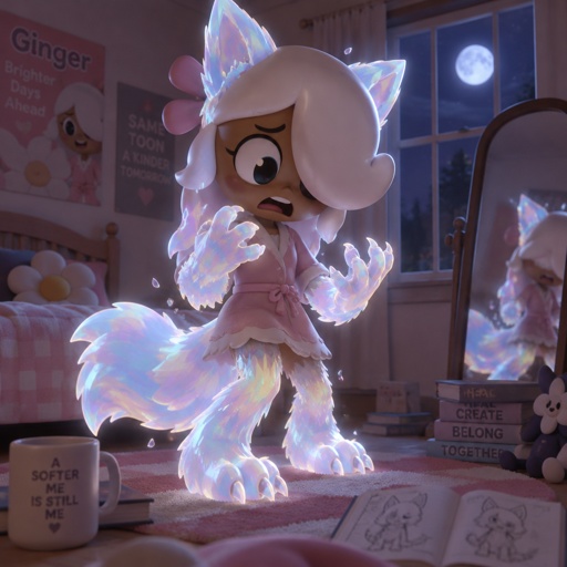 Ginger from dandy’s world in her room turning into a opalite werewolf 