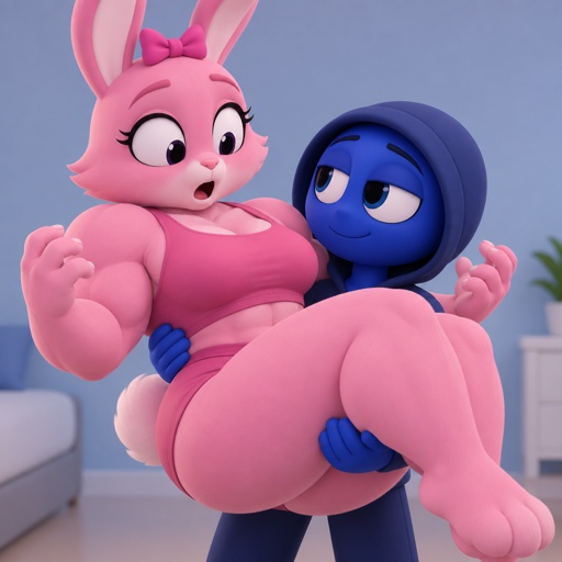 Pinki from Sprunki in Jevin From Sprunkis arms as her kind Wererabbit self noticing that she’s getting bigger and stronger 