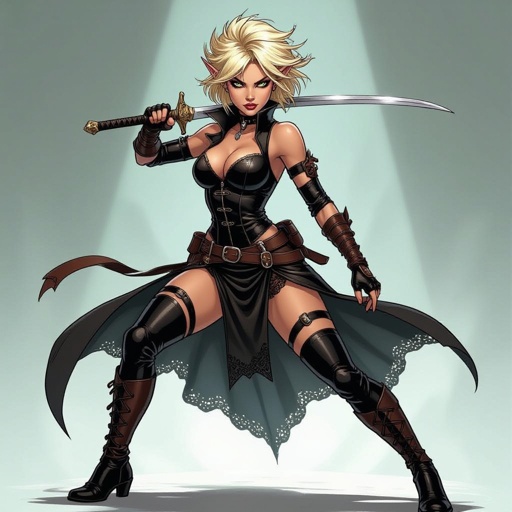 Blonde pixie cut Female High Elf Rogue Assassin in Black and Brown Shear Lace & Leathers and Skirt full body