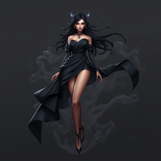 Create character hero Veyra of Shadows โ A lithe, mysterious black woman draped in layered black silks that move like smoke around her. With jet-black hair. Show her whole body head to toe including her shoes.