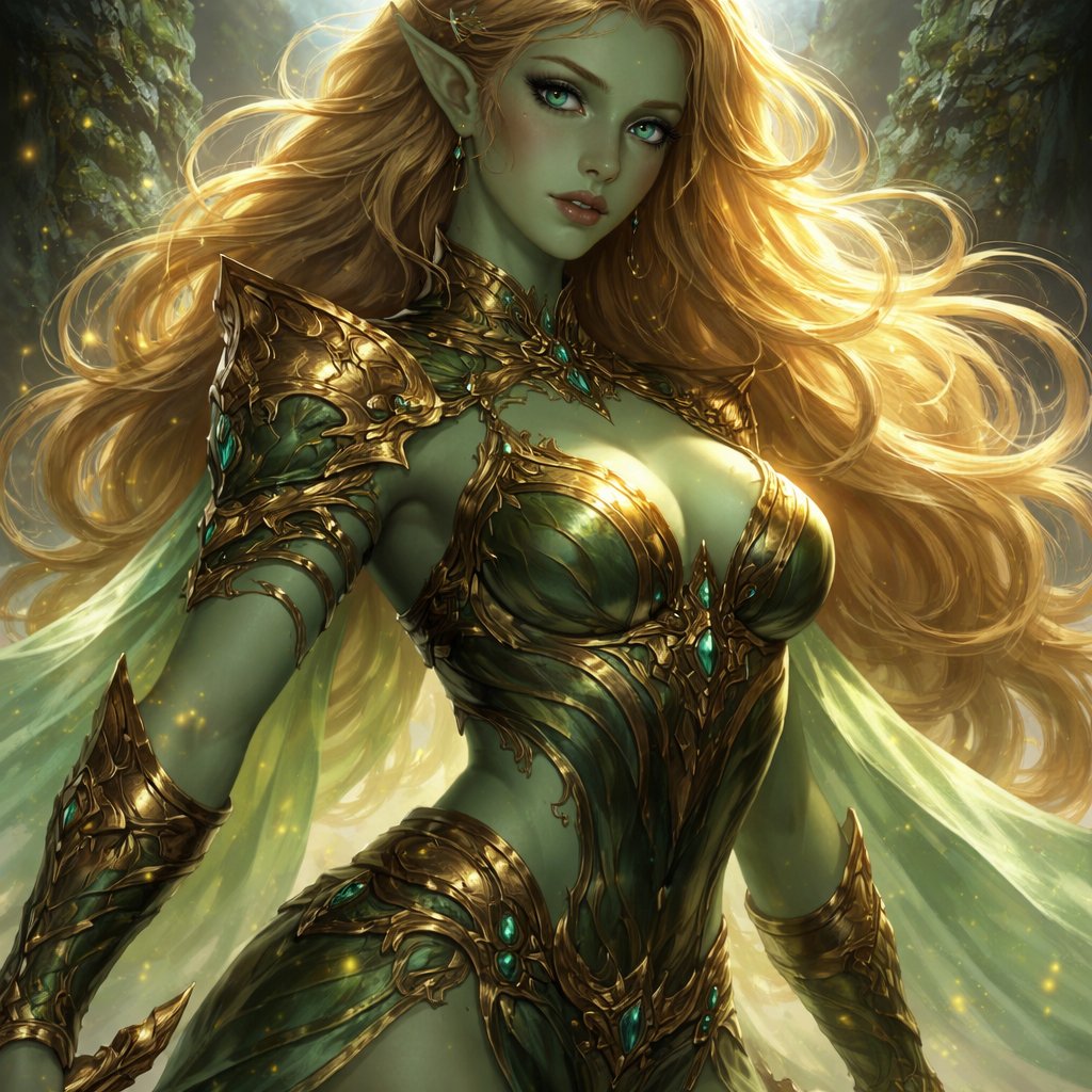 Female, age 30, blonde hair, green/gold eyes, green tinted skin, muscular