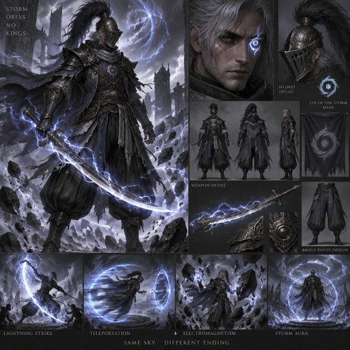 lightning dark knight, plume helmet, grey hair, eye of the storm mark, baggy pants, scar eye, teleportation ability, storm creation, lightning curved sword, electromagnetism manipulation