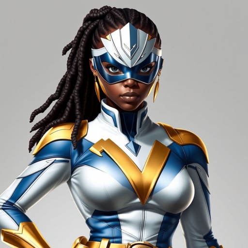 A teenage African American female superhero with hair in a loc side part style wearing a mask wearing a professionally made white and blue suit with gold accents and a stylized V as her chest emblem a utility belt and gold boots