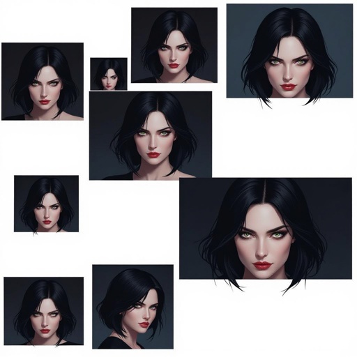 Show character head to toe. Create a mid age mysterious woman jet-black hair is cut sharpand her eyes seem to pierce through darkness. A shadowy aura clings to her form,