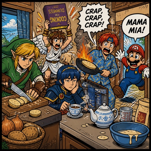 Super smash brothers link from legend of Zelda, pit from kid Icarus, Marth from fire emblem,Roy from fire emblem, there trying to make breakfast Roy still wearing pjs and accidentally got pancake batter on his pjs holdings frying that caught on fire saying “crap,crap,crap!" link cutting potatoes on cutting board,pit trying to read the cookbook but it's upside down and he can’t read , Marth wearing his pajamas making himself some tea with a tired face expression think "why did I get up” Mario walks in the kitchen then say "Mama mia! what are you guys doing!" When seeing the mess