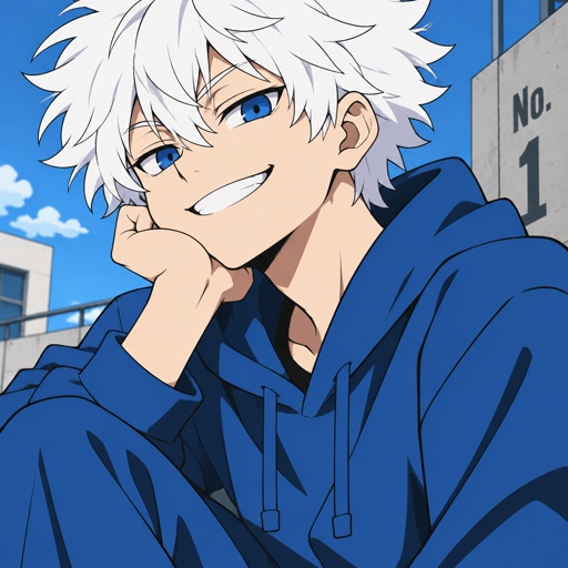 Male, fluffy white hair, big blue eyes, long smile, snobby, wears blue, whiny,