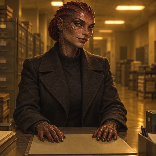 a woman with red hair sitting at a table in a library