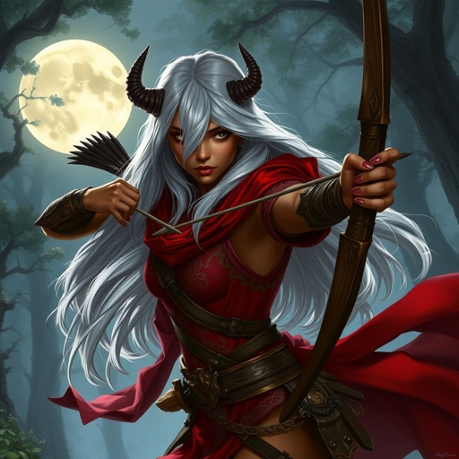 Dungeons and dragons female tiefling rogue. Silver hair, bronze skin, red clothing. Small horns. Long bow.