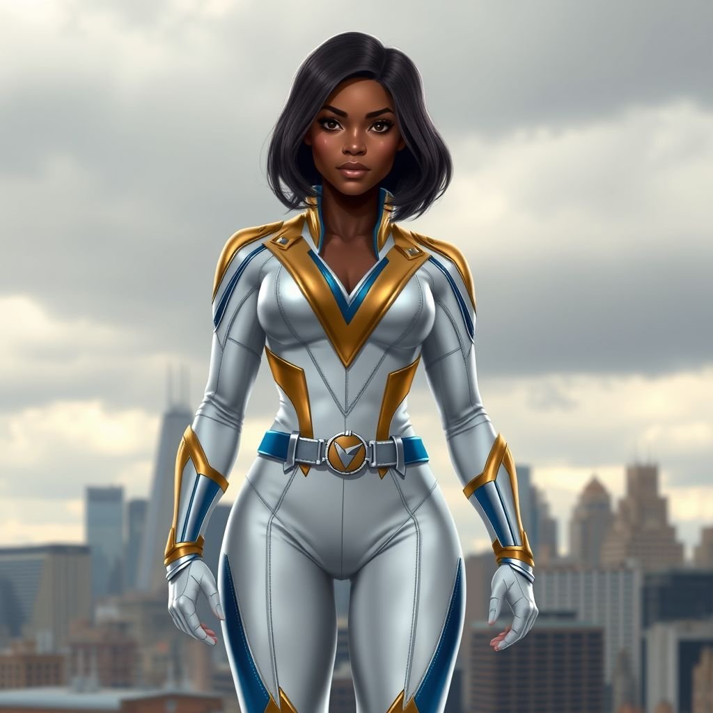 A teenage African American female superhero with hair in a shoulder length side part style wearing a partially leather white and Gold suit with blue accents and a stylized V as her chest emblem a utility belt and silver boots standing in Philadelphia during a cloudy day