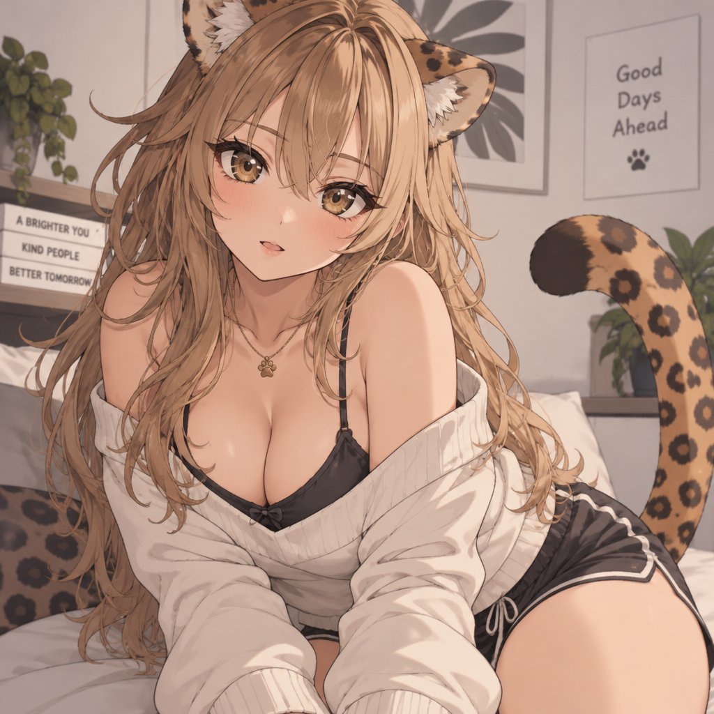 Part girl part leopard. Curvy body.