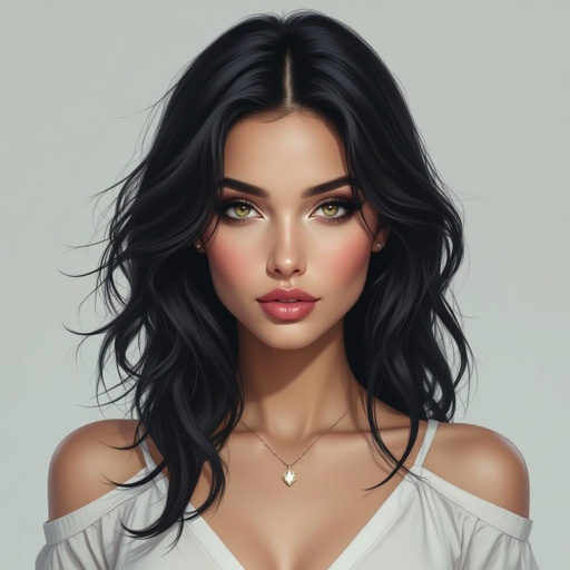 Show character head to toe. Create mysterious woman jet-black hair is cut sharpand her eyes seem to pierce through darkness. A shadowy aura clings to her form,