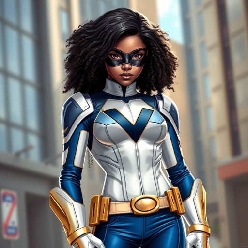 A teenage African American female with shoulder length curly hair  in a side part style superhero  wearing a  DOMINO MASK and a professionally made slightly armored white and blue suit with blue pants gold accents and a stylized V as her chest emblem a utility belt and gold boots